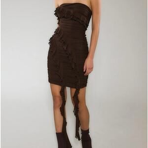 Rare London Mocha Brown Strapless Bandeau Ruffle Detail Mini Dress Womens US 8